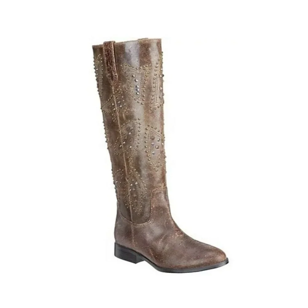 Frye Distressed Leather Pull-on Tall Shaft Studded Boots Cowboy